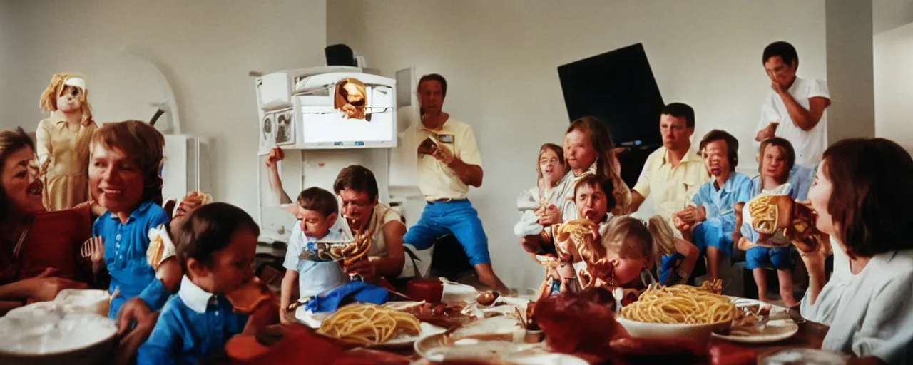 Image similar to a family watching the moon landing on tv, eating spaghetti, in the style of steve mccurry, canon 5 0 mm, wes anderson film, kodachrome, retro