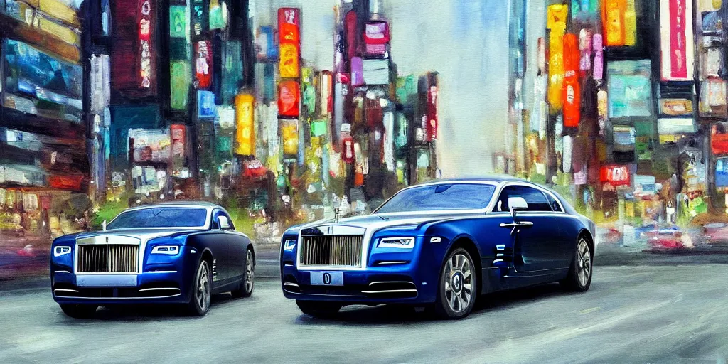 Image similar to a film still of a rolls royce wraith driving in the city of tokyo, oil painting, futuristic