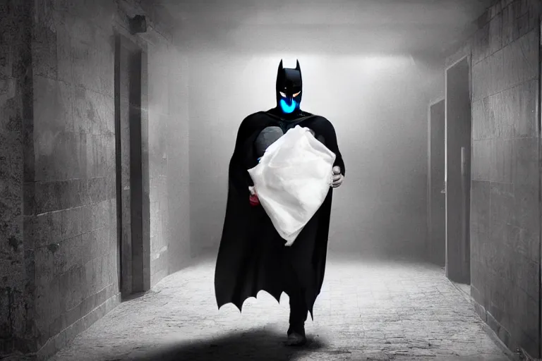 Prompt: batman covered in toilet paper, chasing through old brown decrepit hallway, creepy smile, atmospheric eerie lighting, photorealistic face, dim lighting, bodycam footage, motion blur, photography