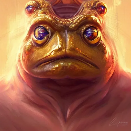 Image similar to fanatic sect acolyt of a golden frog god, d & d, fantasy, portrait, digital painting, trending on artstation, concept art, sharp focus, illustration, art by artgerm and greg rutkowski and magali villeneuve