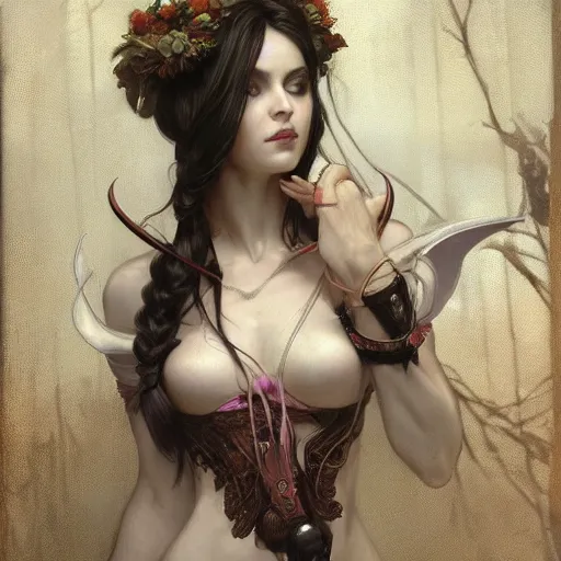 Image similar to a beautiful and detailed matte painting of a seductive succubus dressed as a hospital nurse, fantasy, cosplay, dark eyeliner, intricate, elegant, highly detailed, digital painting, artstation, concept art, matte, sharp focus, illustration, art by greg rutkowski and alphonse mucha