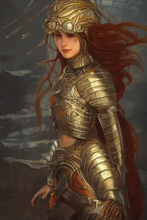 Image similar to portrait knights of Zodiac girl, metalic orange and silver white reflected armor, in ruined Agora of Athens, ssci-fi, fantasy, intricate, very very beautiful, elegant, golden light, highly detailed, digital painting, artstation, concept art, smooth, sharp focus, illustration, art by tian zi and WLOP and alphonse mucha