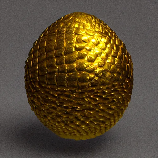 Prompt: glowing metallic dragon scale egg sitting on a nest of gold objects, photorealistic, symmetrical, unreal engine