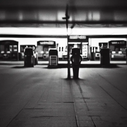 Prompt: insane nightmare, no light, everything is blurred, creepy shadows, petrol station, very poor quality of photography, 2 mpx quality, grainy picture