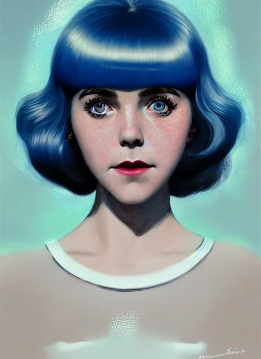 Image similar to portrait of kiernan shipka with freckles, white hair, big 1 9 6 0 s bob hairstyle with bangs and hairband, blue 1 9 6 0 s dress, intricate, elegant, glowing lights, highly detailed, digital painting, artstation, concept art, smooth, sharp focus, illustration, art by wlop, mars ravelo and greg rutkowski