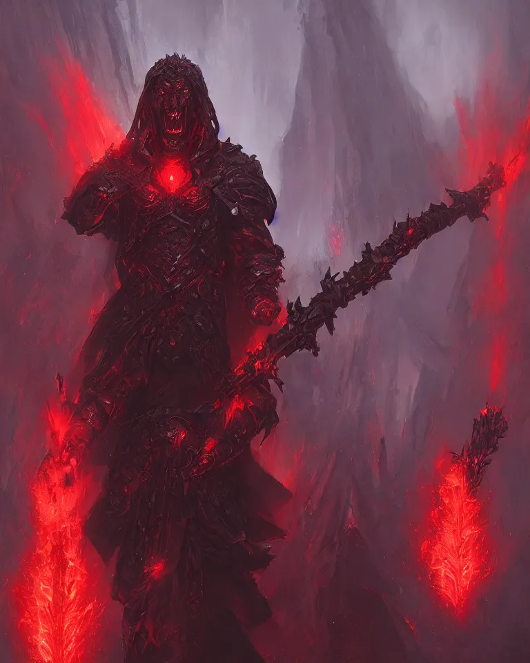 Prompt: portrait of a demonic hell priest holding a staff with red flames, techno - organic armour, black dragon in background, artstation, greg rutkowski, matte painting, 4 k, concept art