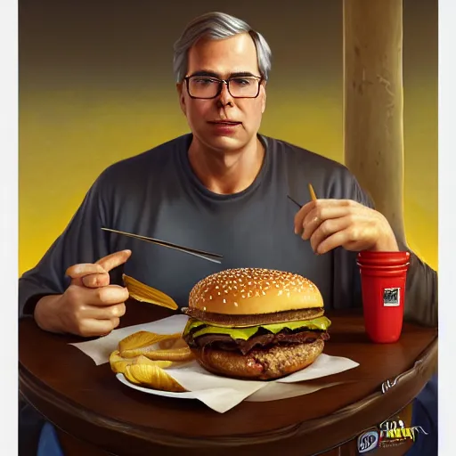 Prompt: portrait of Jeb Bush eating hamburgers, highly eroused nipples, extra onions and ketchup, luscious patty with sesame seeds, feminine ethereal, handsome, D&D, fantasy, intricate, elegant, highly detailed, digital painting, artstation, concept art, matte, sharp focus, illustration, art by Artgerm and Greg Rutkowski and Alphonse Mucha