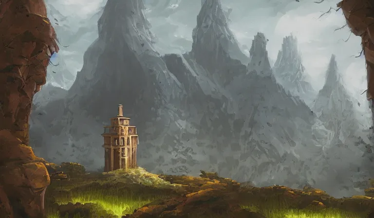 Prompt: A serene landscape with a singular building in the style of magic the gathering
