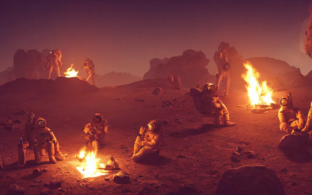 Image similar to Three astronauts sitting around a campfire on a desolate planet, digital art, 4k, ArtStation, epic composition, unreal engine