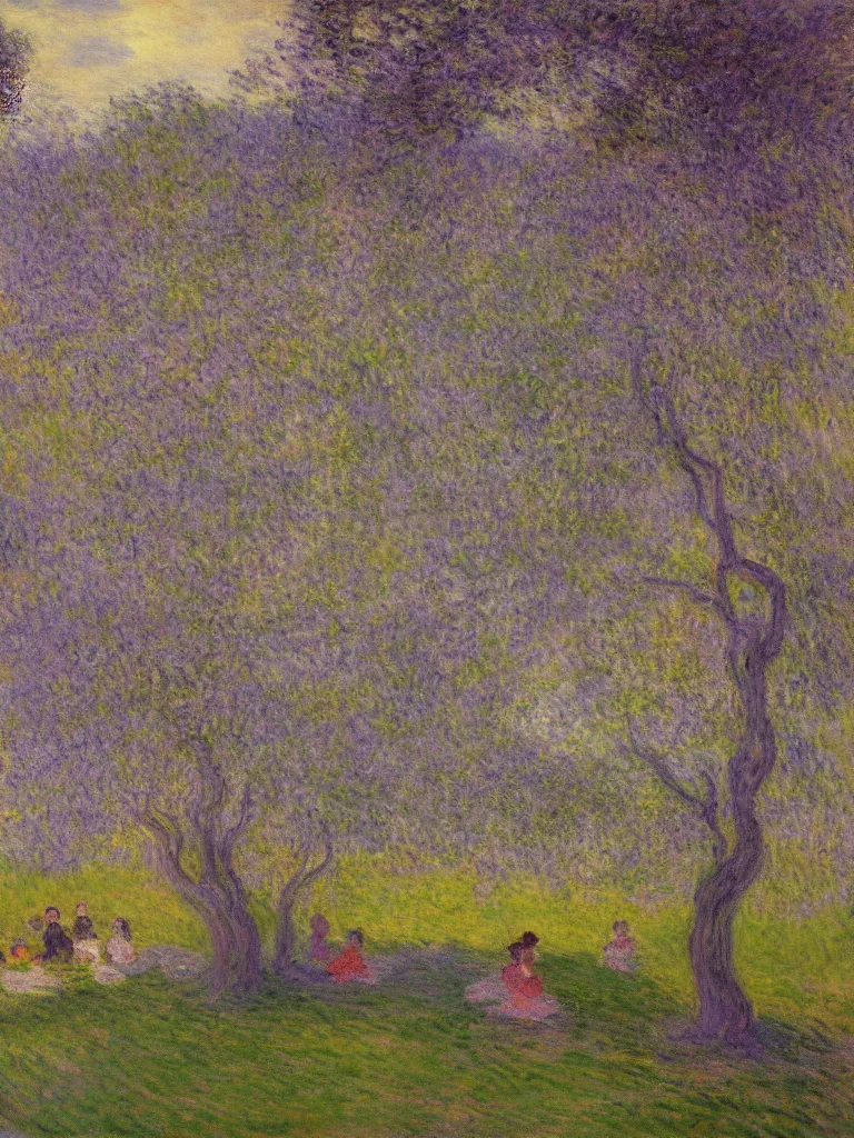 Prompt: gauzy impressionist painting of my backyard in the evening with an old apple tree with people! dancing at evening, purplish cast, color oil painting by claude monet and piet mondrian, cosmic trending on artstation 8 k