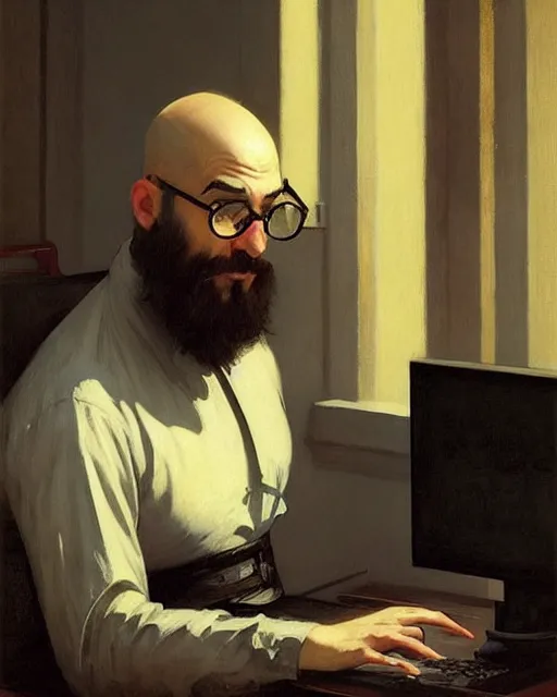 Prompt: a bald moustachioed beardless hacker at the computer. fantasy art by greg rutkowski, gustave courbet, rosa bonheur, edward hopper. faithfully depicted facial expression, perfect anatomy, sharp focus, global illumination, radiant light, detailed and intricate environment, trending on artstation