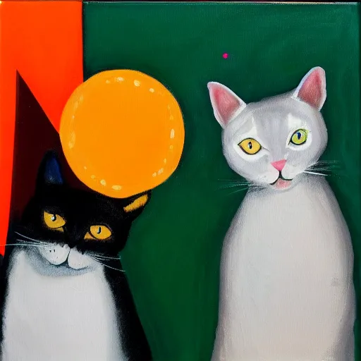 Prompt: two cats playing ping - pong on orange background, oil painting