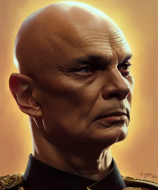 Prompt: Yul Brynner as an angry bald general, portrait, intricate, elegant, highly detailed, digital painting, artstation, concept art, smooth, sharp focus, illustration, art by artgerm and greg rutkowski and alphonse mucha