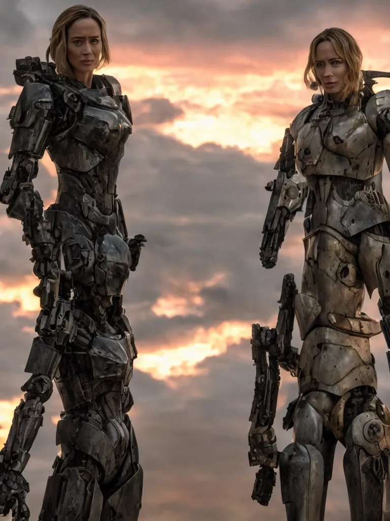 Image similar to emily blunt in futuristic power armor, holding a sword, edge of tomorrow, angel of verdun, sunset