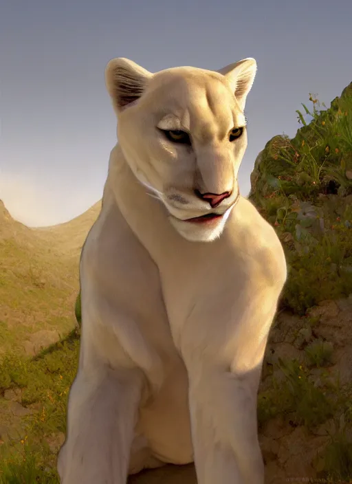 Prompt: Character portrait of a albino furry anthro albino mountain lion with a happy face wearing a yellow button-down shirt and olive green slacks in the desert wilderness, intricate, elegant, highly detailed, digital painting, artstation, concept art, smooth, sharp focus, illustration, art by Krenz Cushart and Artem Demura and alphonse mucha