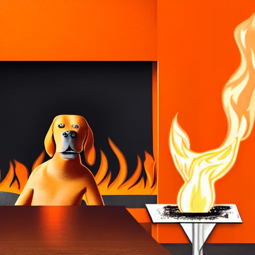 Image similar to a photograph of an orange humanlike dog in his house, sitting relaxed at a table, ☕ on the table, surrounded by flames and fire, smoke above him