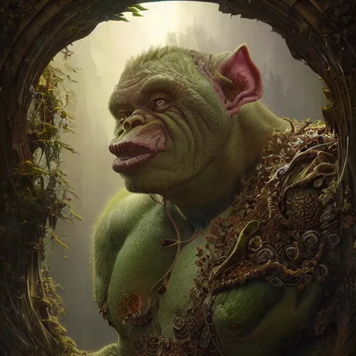 Image similar to a hyperrealistic illustration of a mix of an oger and giant and goblin, 8 k ultra realistic creature, detailed intricate, with fractal sunlight, award - winning, masterpiece, in the style of tom bagshaw, cedric peyravernay, peter mohrbacher