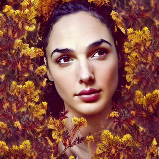 Image similar to fine art photo of the beauty goddess gal gadot, she has a crown of dried flowers, by oleg oprisco