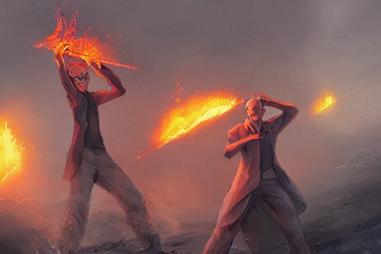 Prompt: squidward firebending outside at susnset, art by artgerm and greg rutkowski