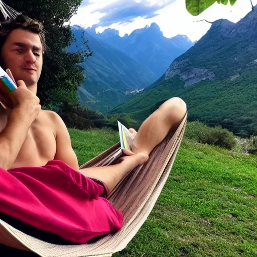 Image similar to my italian wise friend on a hammock, reading the book about love, mountains in a background