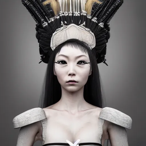 Image similar to japanese maid with extremely detailed headdress, inspired by die antwoord beautiful, hand painted textures, cloth physics, deviantart, karol bak, masamune shirow, black and white, beautiful lighting, photorealistic, concept art, perfect render, 3 d render, pixar, 8 k