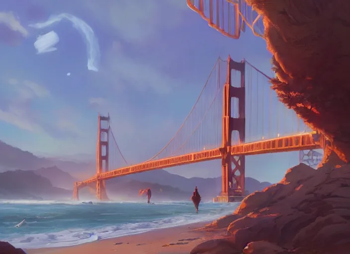 Prompt: san francisco golden gate scenery, unreal engine fantasy art by greg, loish, rhads, ferdinand, knab tom bagshaw, makoto shinkai