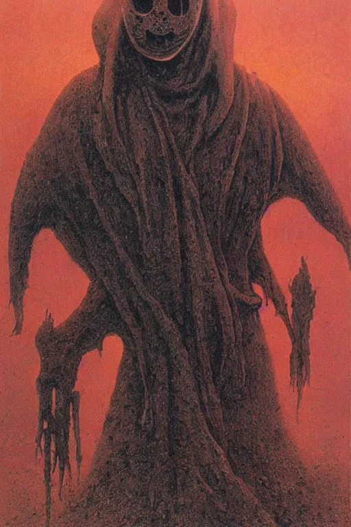 Image similar to plague doctor from iron gridle but human form, destroyed city and flames by zdzislaw beksinski, color