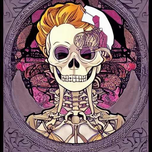 Image similar to manga skull portrait girl female skeleton realism hyperrealistic of princess peach nintendo art Geof Darrow and will cotton alphonse mucha pop art nouveau