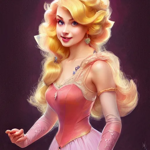 Prompt: portrait of princess peach from the mushroom kingdom, nose ring, upper body, blonde hair, long hair, joyful smirk, intricate, elegant, highly detailed, digital painting, artstation, concept art, matte, sharp focus, illustration, art by artgerm and greg rutkowski and alphonse mucha