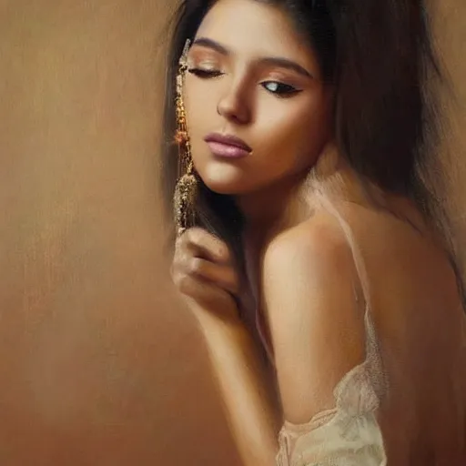 Image similar to a beautiful girl from colombia, fine arts, elegante composition, expensive art, gold