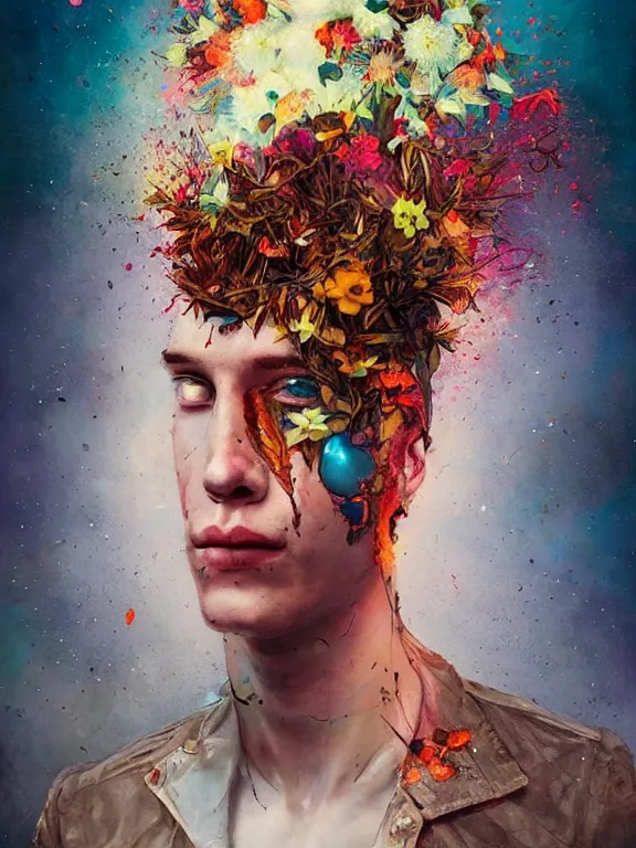 Image similar to art portrait of man with flower exploding out of head,by tristan eaton,Stanley Artgermm,Tom Bagshaw,Greg Rutkowski,Carne Griffiths,trending on DeviantArt,face enhance,chillwave,minimalist,shadows,city,full of colour,