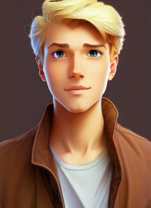 Prompt: young man with short, ash blond hair, light brown eyes, natural lighting, path traced, highly detailed, high quality, cartoon, digital painting, by don bluth and ross tran and studio ghibli and alphonse mucha