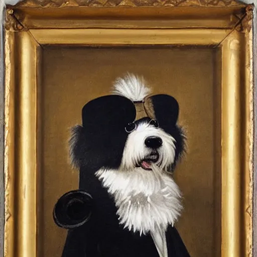 Prompt: A coton de tulear dog with black fur dressed up as a dapper english gentleman wearing a monocle and holding a pipe, renaissance oil painting, highly detailed