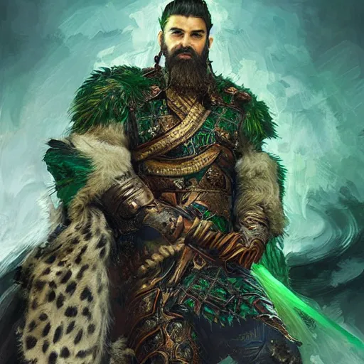 Prompt: A portrait of a king with a trimmed beard, dual wielding swords, wearing green dragon scale armor and a cheetah pelt cloak, fantasy, digital art by Ruan Jia, Donglu Yu