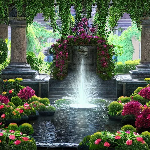 Prompt: garden inside a dark mansion, fountain, flowers, realistic, highly detailed, background of resident evil game