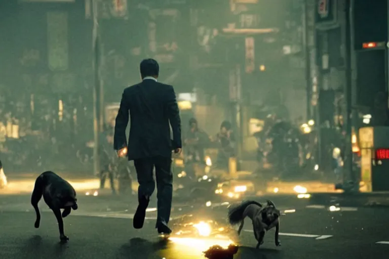 Image similar to cinematography action movie closeup portrait of a Japanese business man carrying his dog running from an explosion in Tokyo by Neil blomkamp