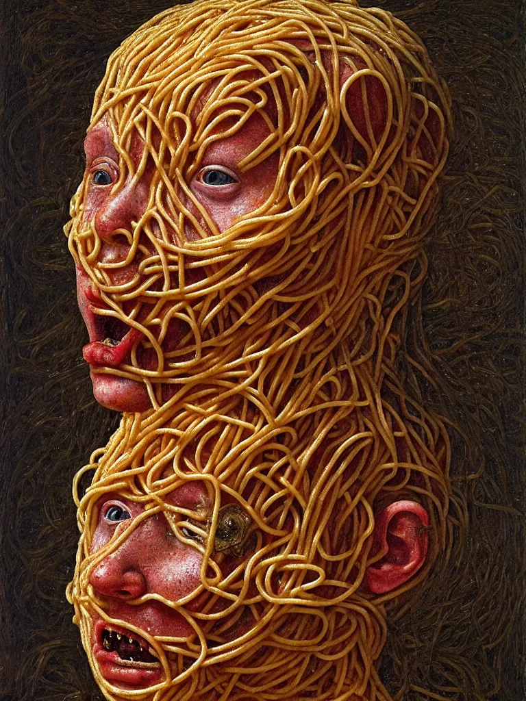 Prompt: a boy made of spaghetti, looking into camera, screaming in pain, by giuseppe arcimboldo and ambrosius benson, renaissance, intricate and intense oil paint, a touch of beksinski and hr giger and edward munch, realistic