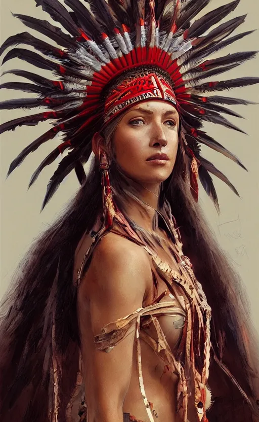 Image similar to gorgeous redskin woman wearing headdress, intricate, elegant, highly detailed, artstation, concept art, smooth, sharp focus, illustration, art by stefan kostic and greg rutkowski