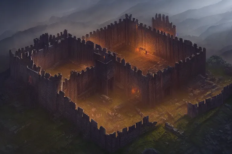 Image similar to giant ancient castle, cinematic, epic, dramatic lighting from above, dark, vines, fantasy, dust, unreal engine, octane, highly detailed, concept art, dark, super realistic