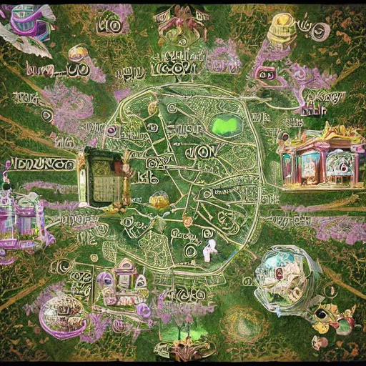 Prompt: intricate baroque kawaii cartography map of a fantasy world : : terrain cartography, fantasy aesthetic, autodesk 3 d rendering, v - ray collection, maverick studio, arnold 3 d render, blender render, indigo renderer, redshift render, enscape render, maxwell render, luxcorerender, renderman, lumion render, marmoset render