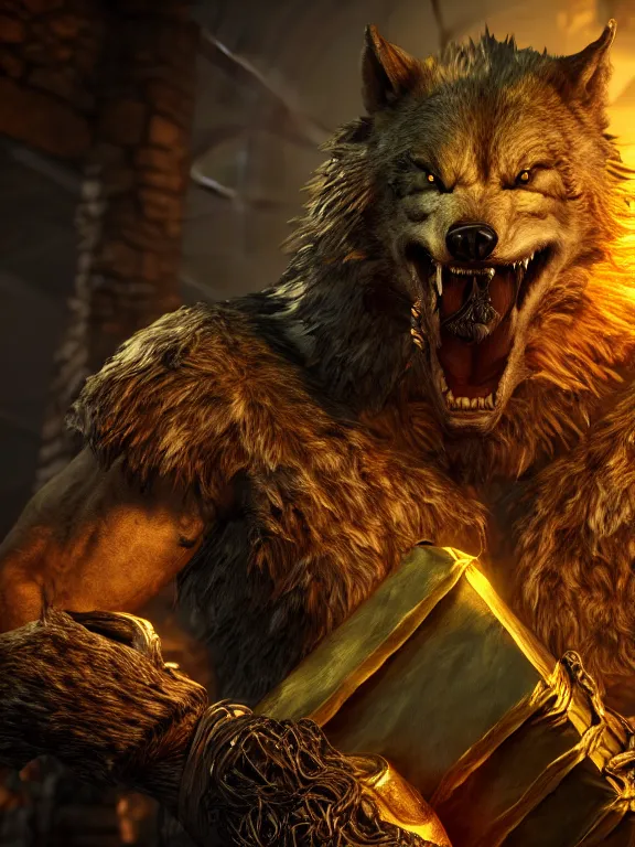 Prompt: cute handsome cuddly burly surly relaxed calm timid werewolf from van helsing holding a present gift unreal engine hyperreallistic render 8k character concept art masterpiece screenshot from the video game the Elder Scrolls V: Skyrim deep vibrant gold citrus orange