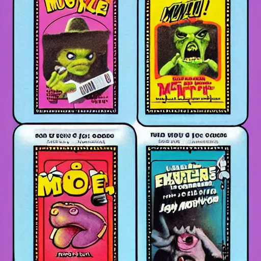 Prompt: movie monster bubble gum cards from the 5 0 s to the 7 0 s