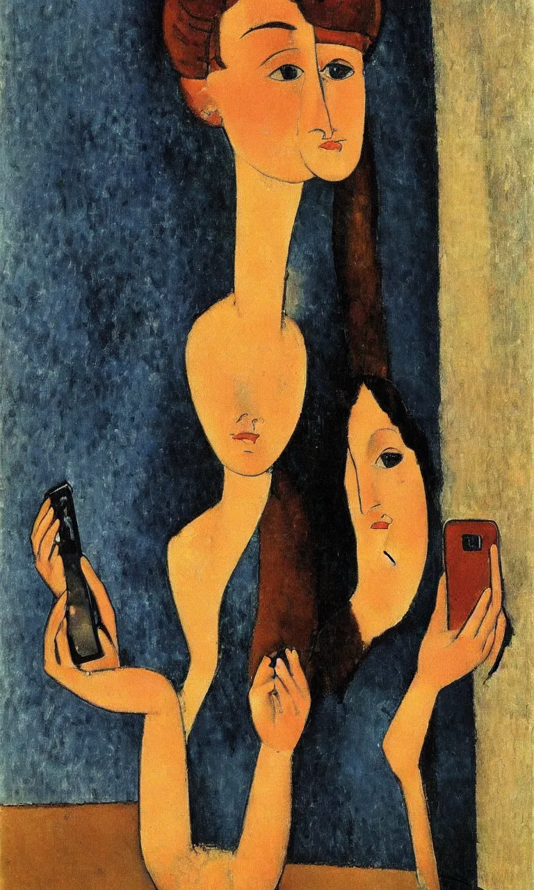 Image similar to amedeo modigliani. portrait of a woman with brown hair and a blue shirt holding an iphone in her hand. very soft brush.