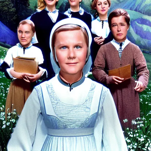 Prompt: film sound of music. children's faces are robotic