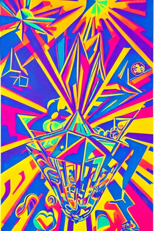 Image similar to original screen print, very detailed symmetric!! 6 0 s artwork by peter max of people flying admist huge crystal shards in space, hd, psychedelic