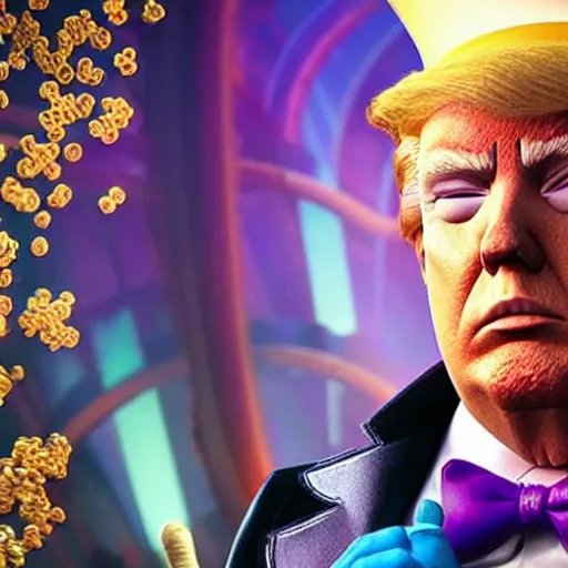 Image similar to donald trump as willy wonka in avengers movie, fantasy, splash art, avengers movie, movie still, detailed face, photorealistic facial features, cinematic lighting, dramatic, octane render, long lens, shallow depth of field, bokeh, anamorphic lens flare, 8 k, hyper detailed, 3 5 mm film grain