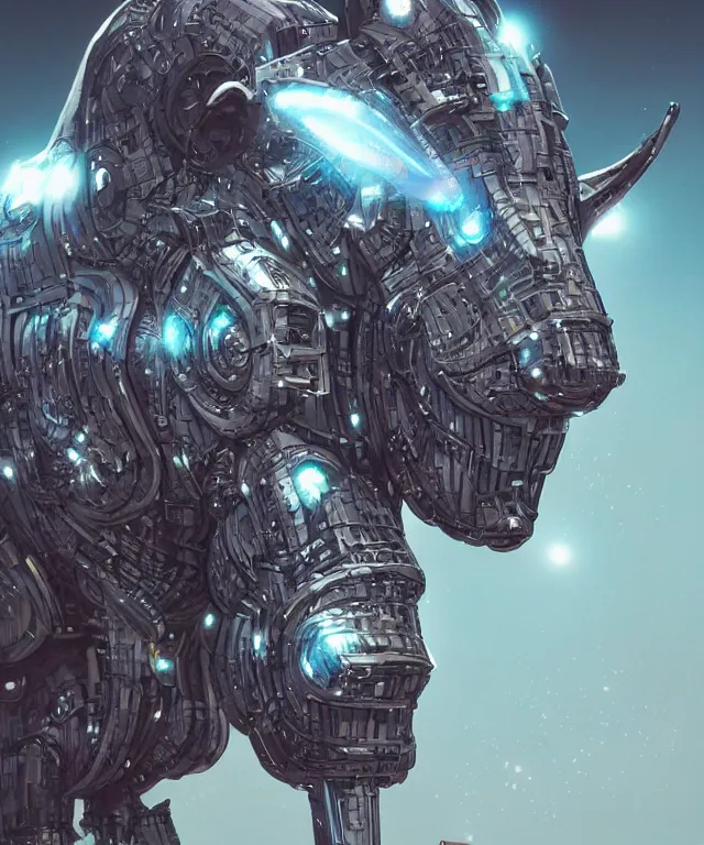 Prompt: an anthropomorphic rhinoceros portrait wearing a part cybernetic body, surrealism , scifi, intricate mecha armor, elegant, highly detailed cybernetic body, neon glowing eyes, digital painting, artstation, concept art, smooth, sharp focus, illustration, art by Artgerm and moebius and Peter Mohrbacher