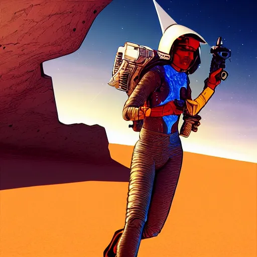 Prompt: poster starwalker running in the desert, small starship near, futuristic, hi-tech details, style jean giraud, hyperdetailed, vivid colors, cinematic, unreal engine