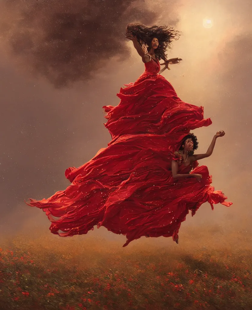 Image similar to a brown skinned goddess with long dark curly hair and a red dress, windy, golden details, shooting stars, stoic, modern, shes alone, maximalist fashion dress, hyperdetailed, dramatic, epic painting, painted by jean honore fragonard and greg rutkowski, full body, octane render, sharpness, 8 k, golden ratio