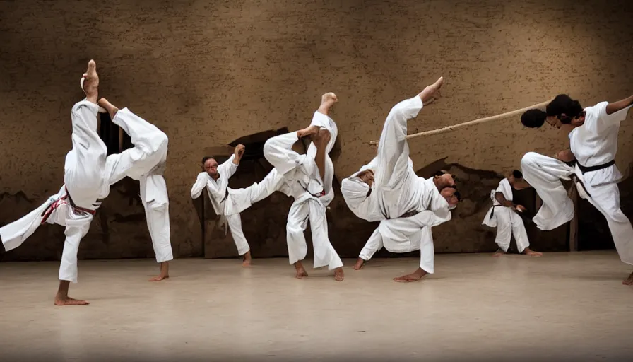 Prompt: capoeira roda in theatre museum dali, national geographic photography,